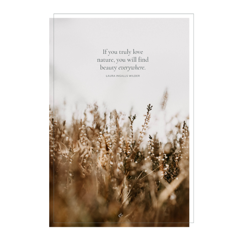 Essencio-mooie-A4-poster-met-quote-citaat-if-you-truly-love-nature-beauty-everywhere-laura-ingalls-wilder-heide